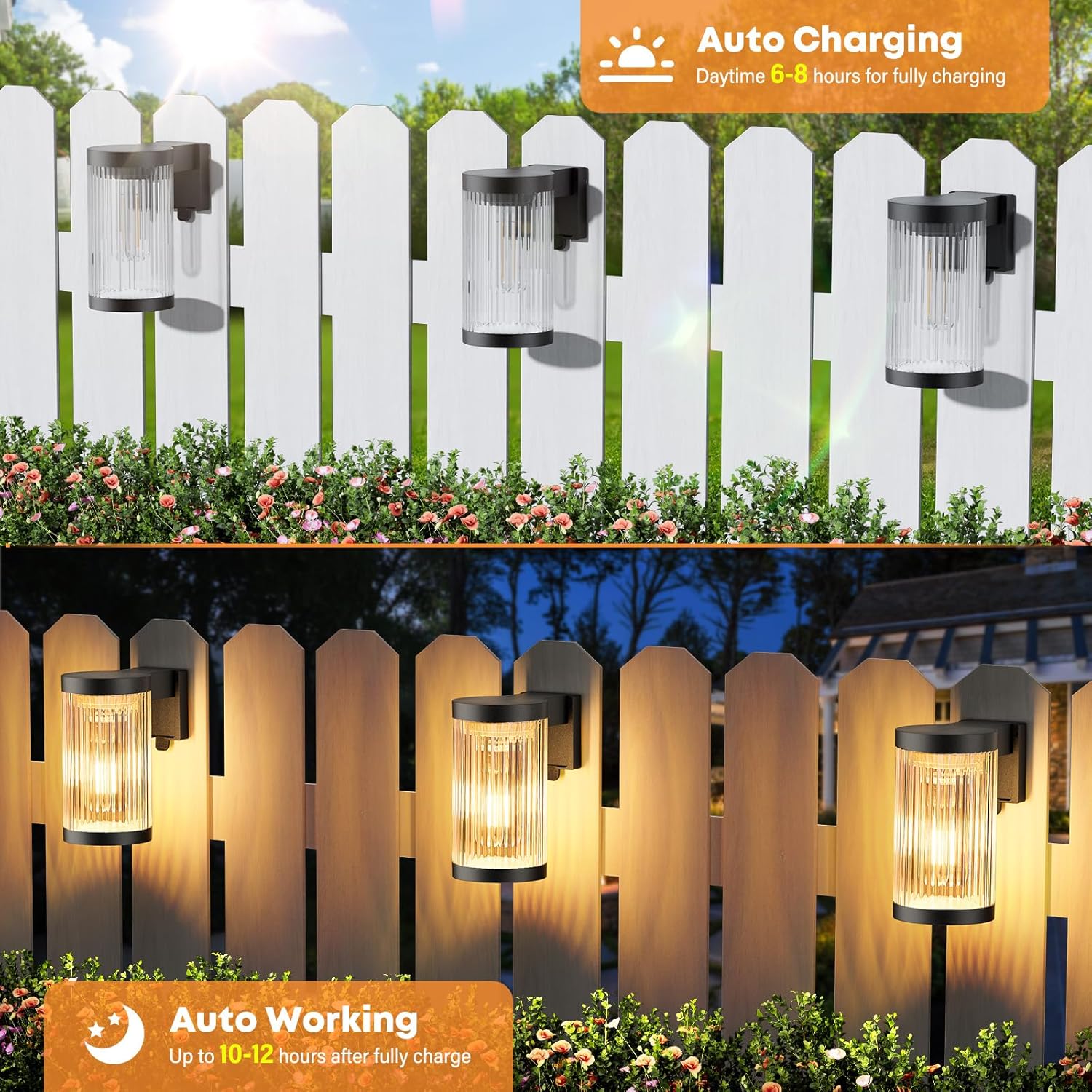 Solar-powered outdoor lights on a white picket fence with text indicating auto charging and working.