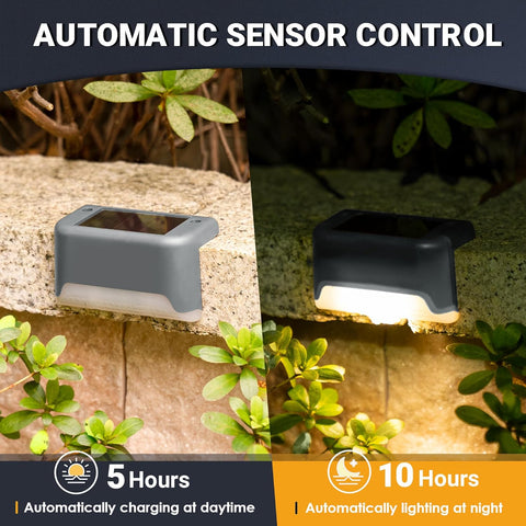 Solar-powered outdoor lights with automatic sensor control on a stone wall with plants.