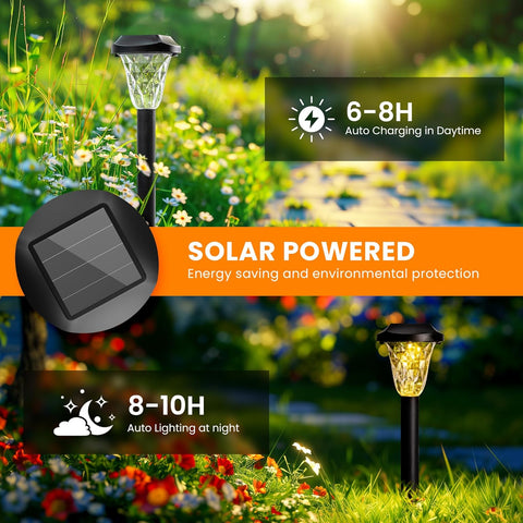 Solar-powered outdoor lights with charging and lighting duration information in a garden setting.