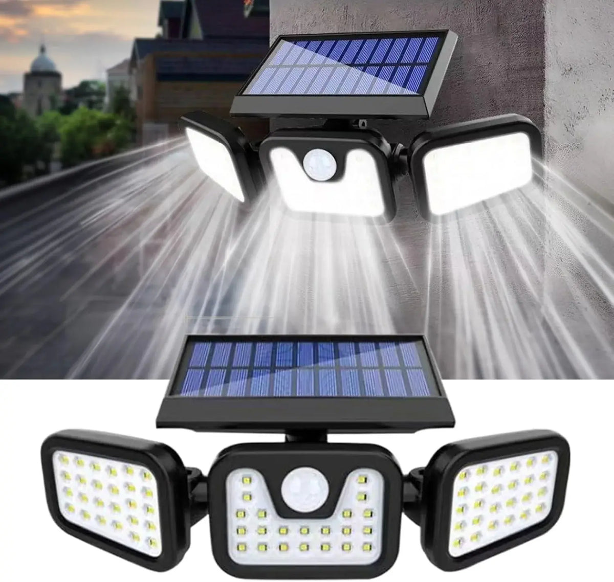 Solar-powered outdoor lights with motion sensor on a cityscape background