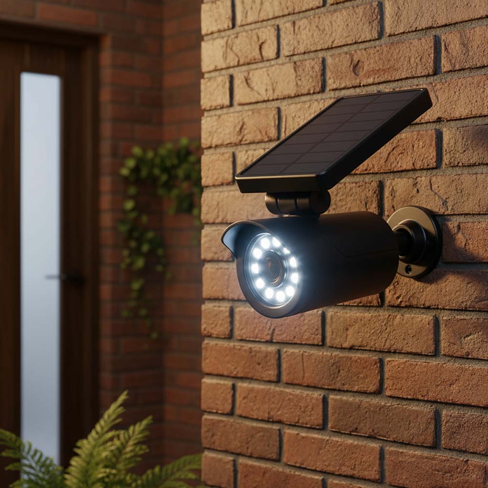 Solar-powered outdoor security light attached to a brick wall