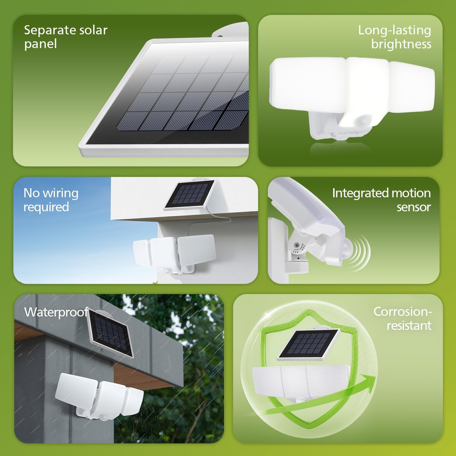 Solar-powered outdoor security light with features highlighted on a green background