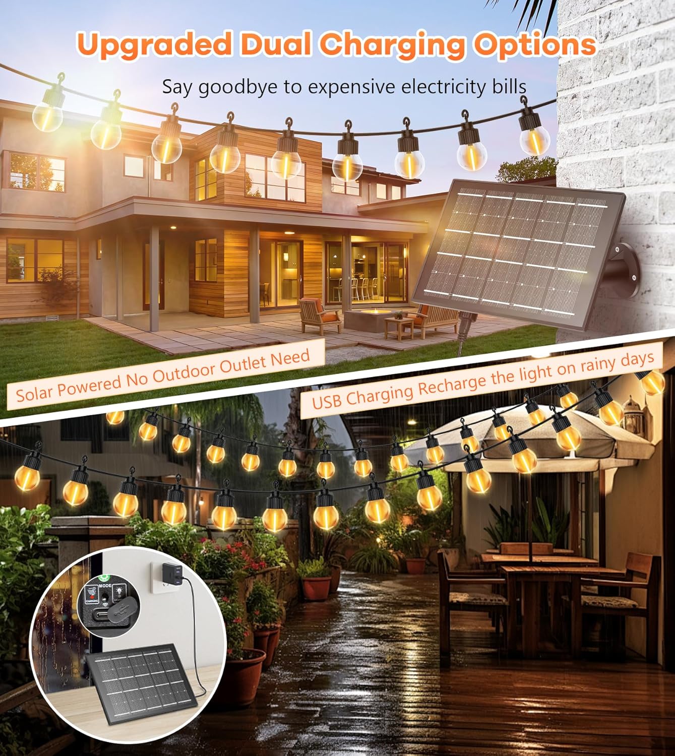 Solar-powered outdoor string lights with dual charging options in a home setting.