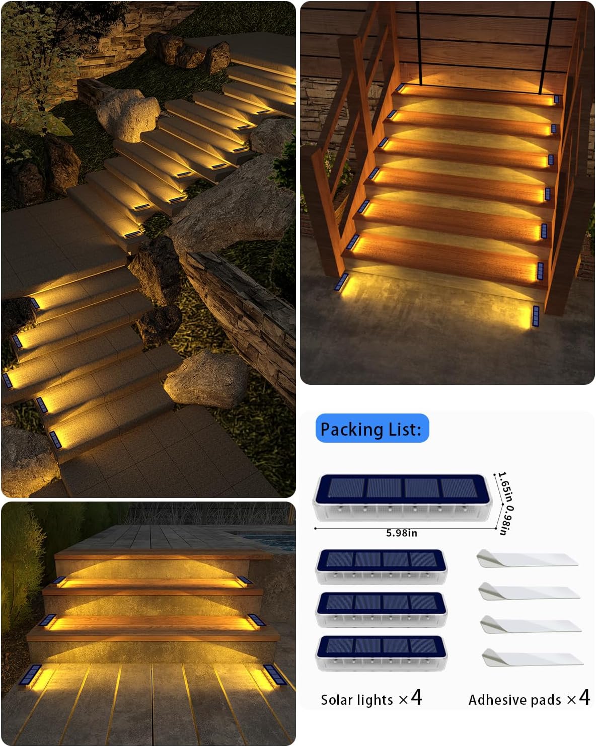 Solar-powered step lights illuminating outdoor stairs with packaging list.