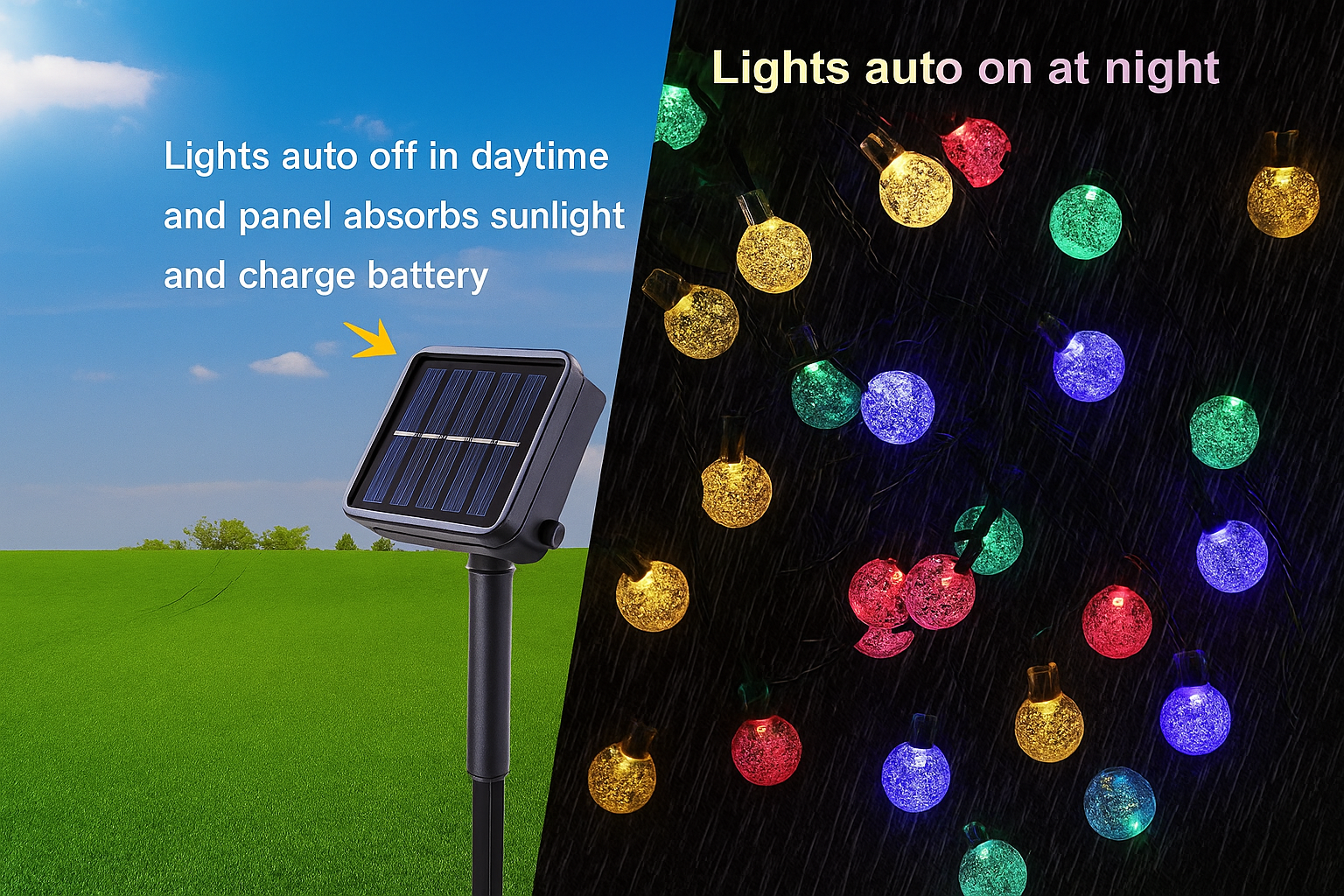 Solar-powered string lights with a solar panel on a grassy field and dark background.