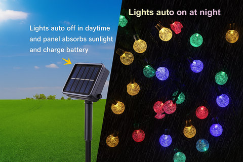 Solar-powered string lights with a solar panel on a grassy field and dark background.