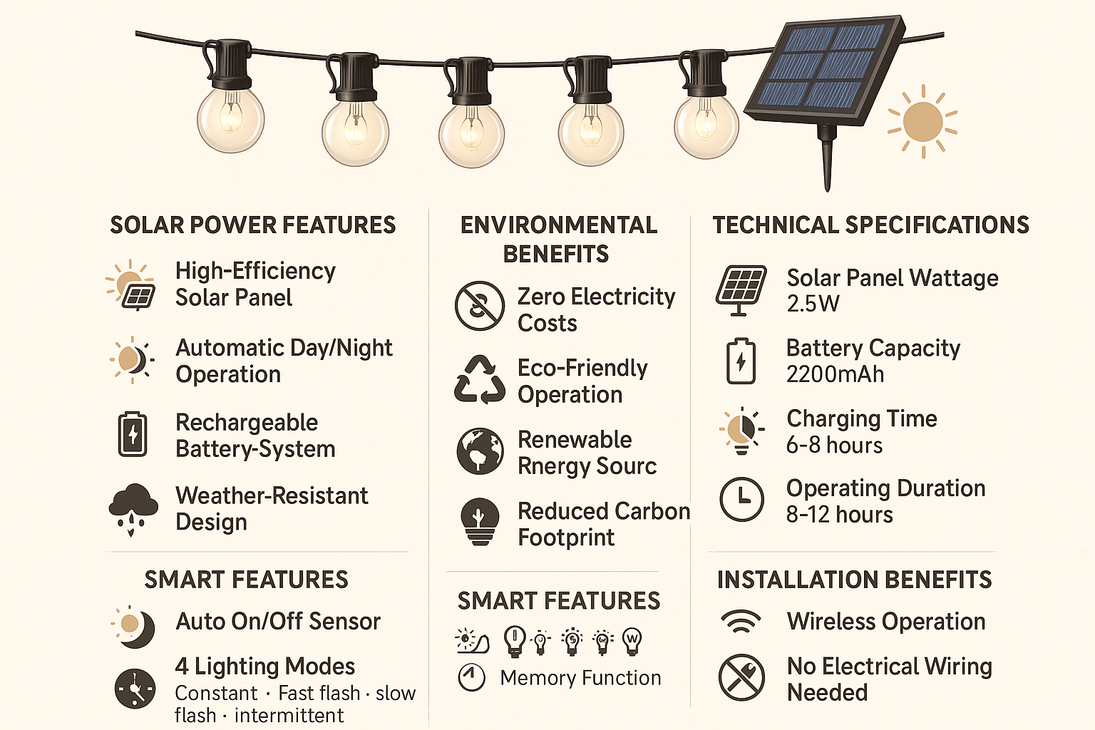 Solar-powered string lights with features and specifications listed on a white background
