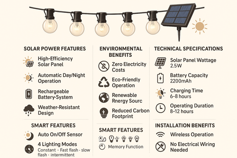 Solar-powered string lights with features and specifications listed on a white background