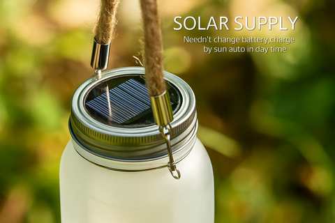 Solar-powered water bottle with a blurred natural background
