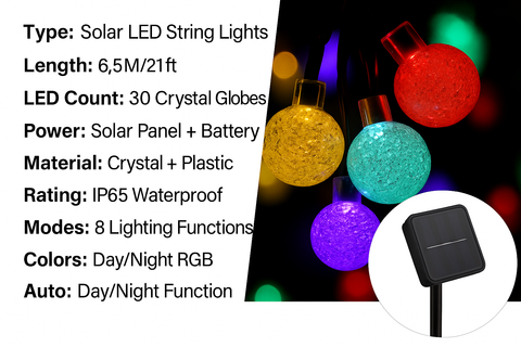 Solar LED string lights with crystal globes, showing color-changing effect and solar panel.