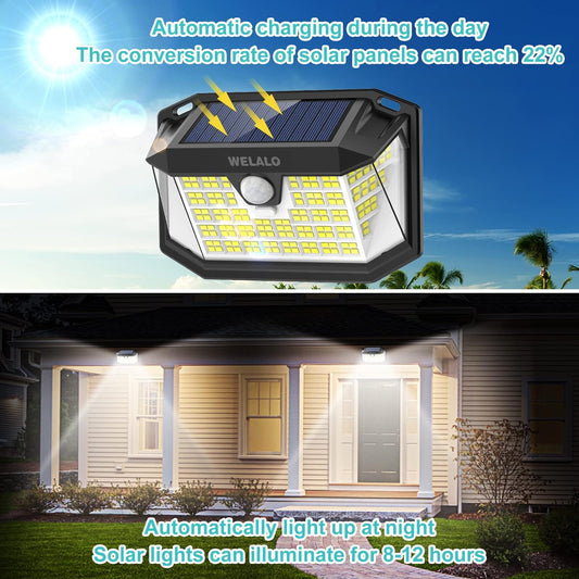 Solar Lights Outdoor, 188 LED Solar Security Lights Outdoor Motion Sensor with 3 Modes, 270ºWide Angle IP65 Waterproof PIR Solar Powered Wall Lights Outside for Garden Fence Door Yard Garage