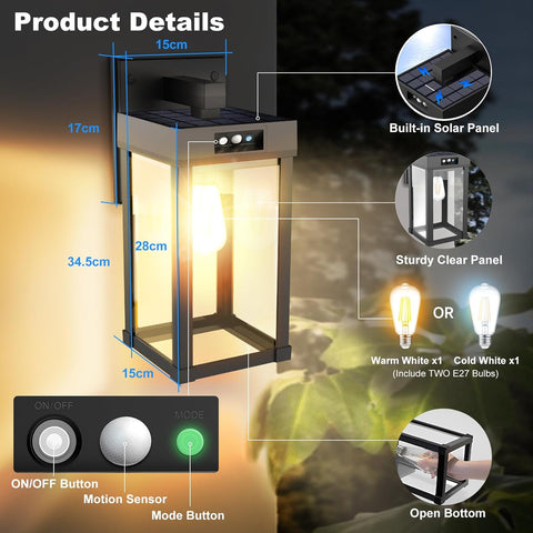 Solar Wall Lantern Light Outdoor, Motion Sensor Security Lamp with Bulb, 3 Modes, Dusk Till Dawn IP65 Waterproof for Garden, Porch, Yard