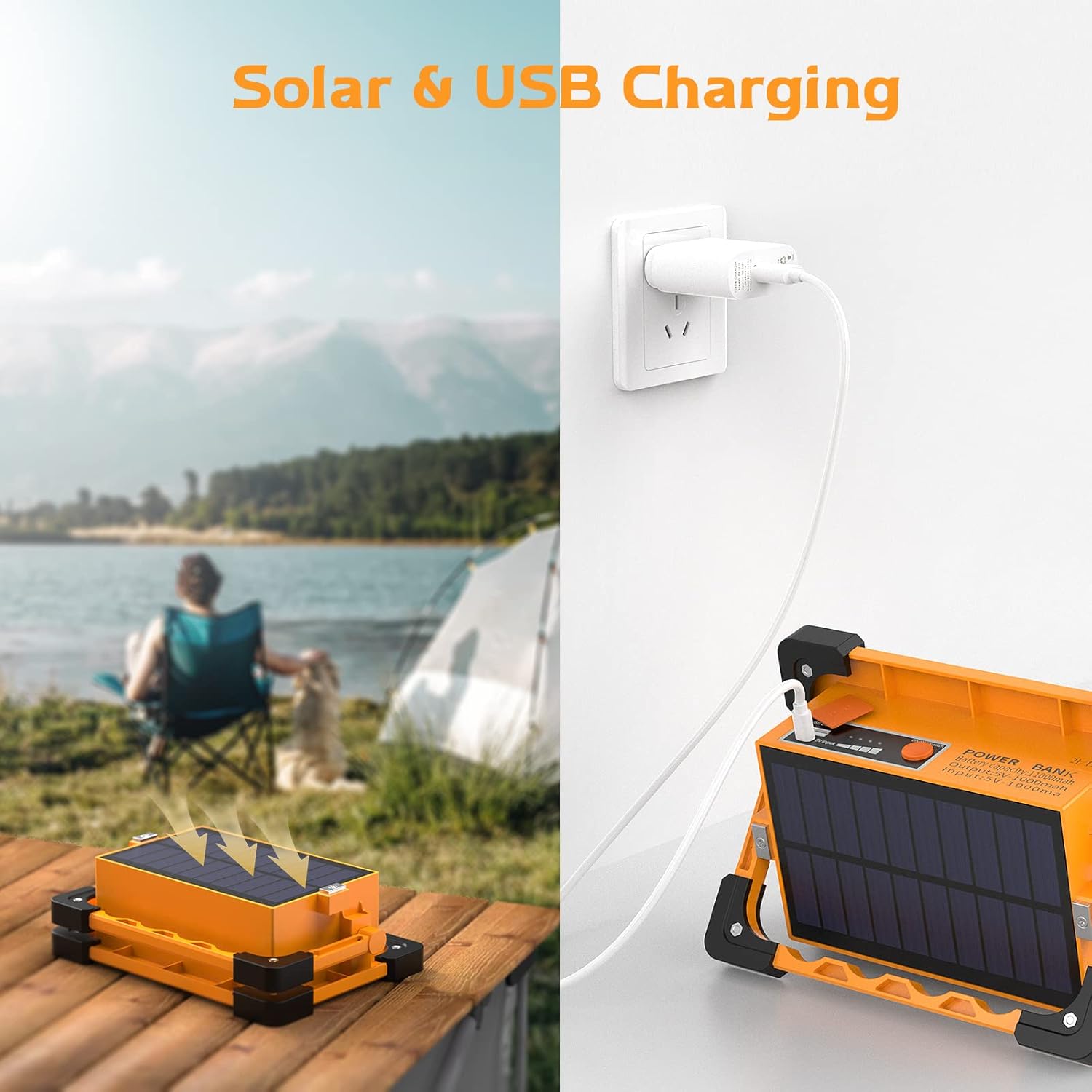 Solar and USB charging device with a scenic background of a person by a lake.
