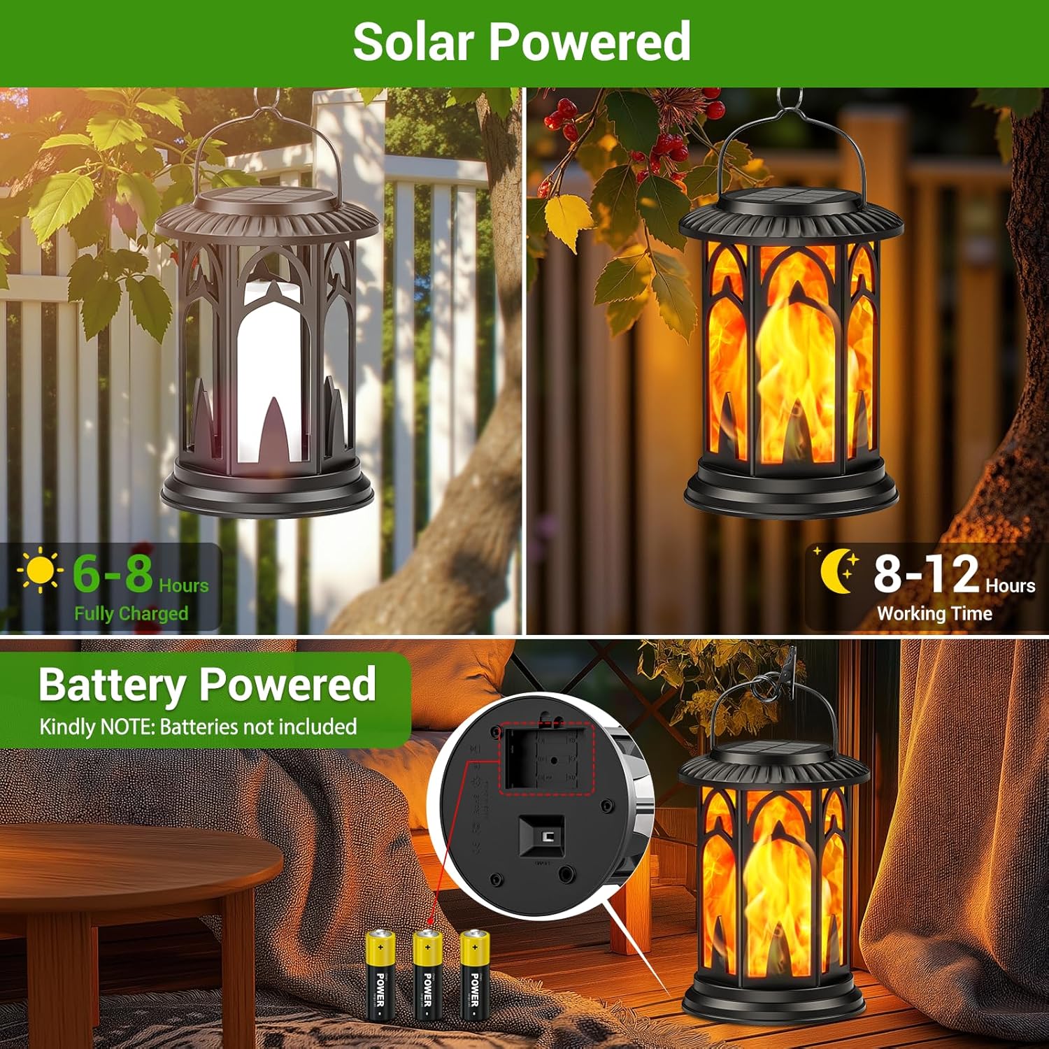 Solar and battery-powered outdoor lanterns with flame effect, used in outdoor settings.