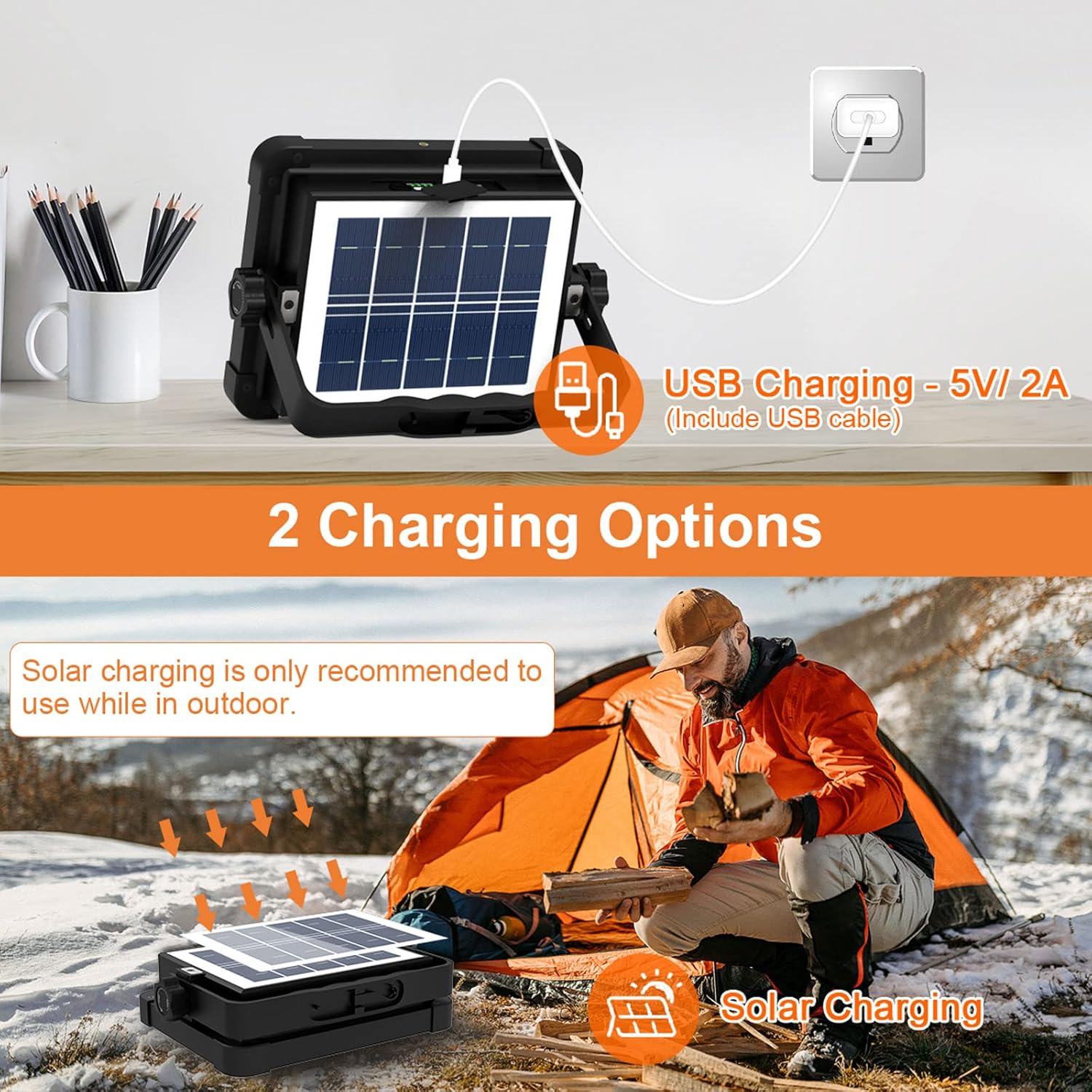 Solar charging device with USB cable on a desk, and person camping in snowy landscape.