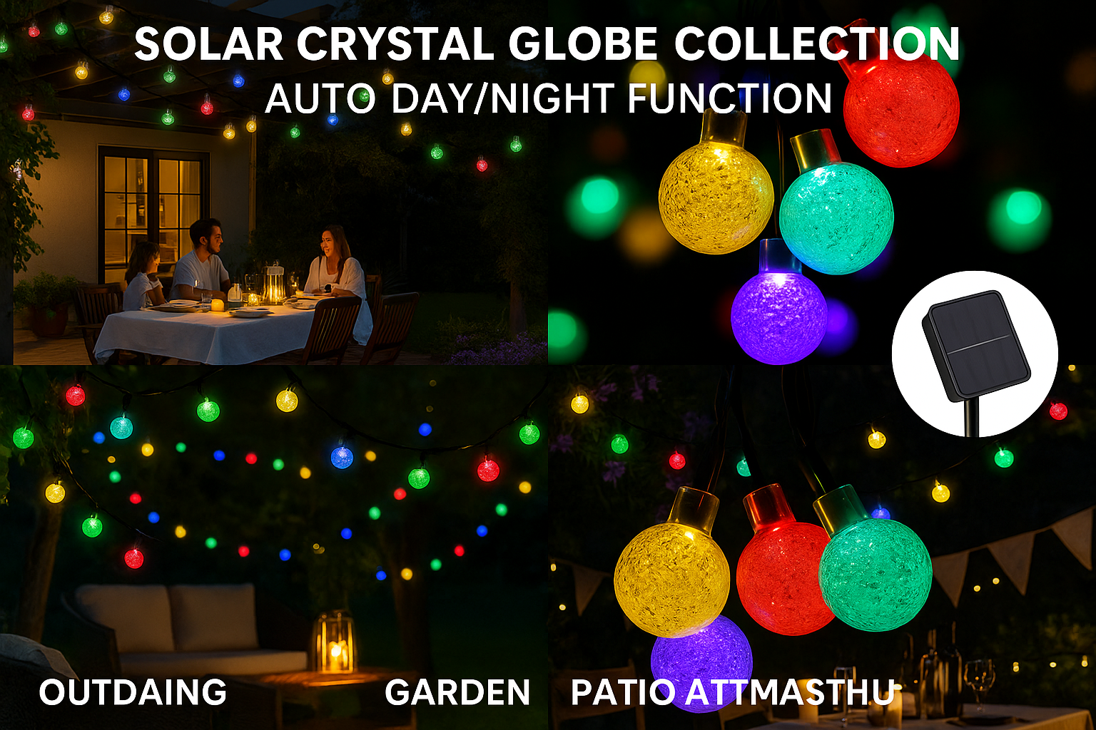 Solar crystal globe lights with auto day/night function in outdoor setting