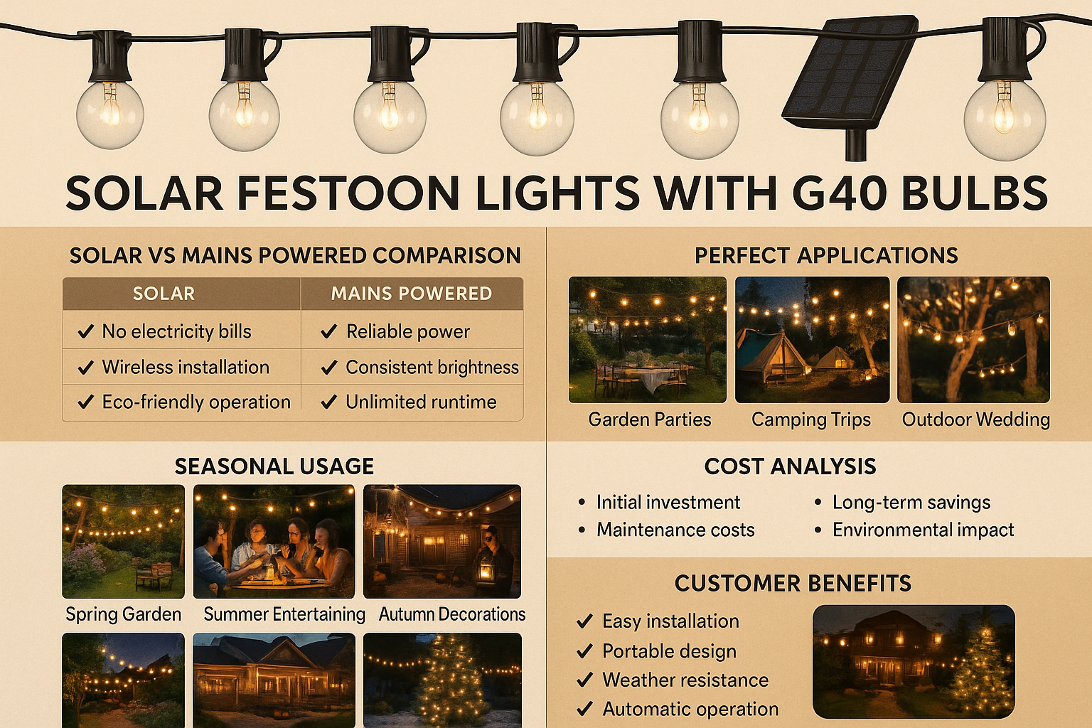 Solar festoon lights with G40 bulbs comparison chart on a beige background