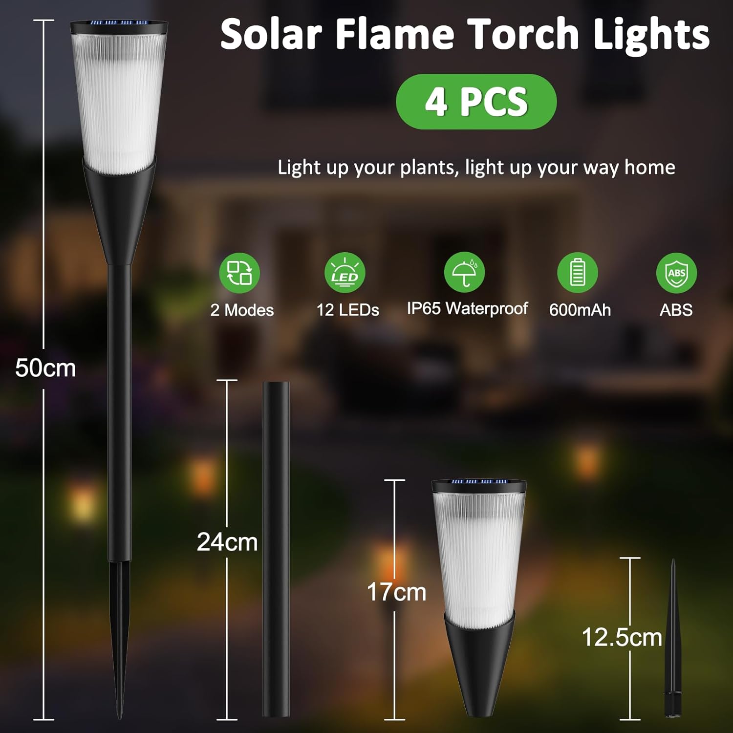 Solar flame torch lights with dimensions and features on a dark background