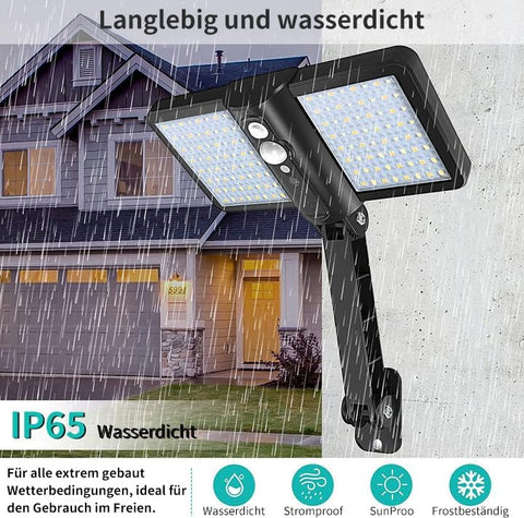 Solar flood light on a gray background with text about water resistance and weather conditions.