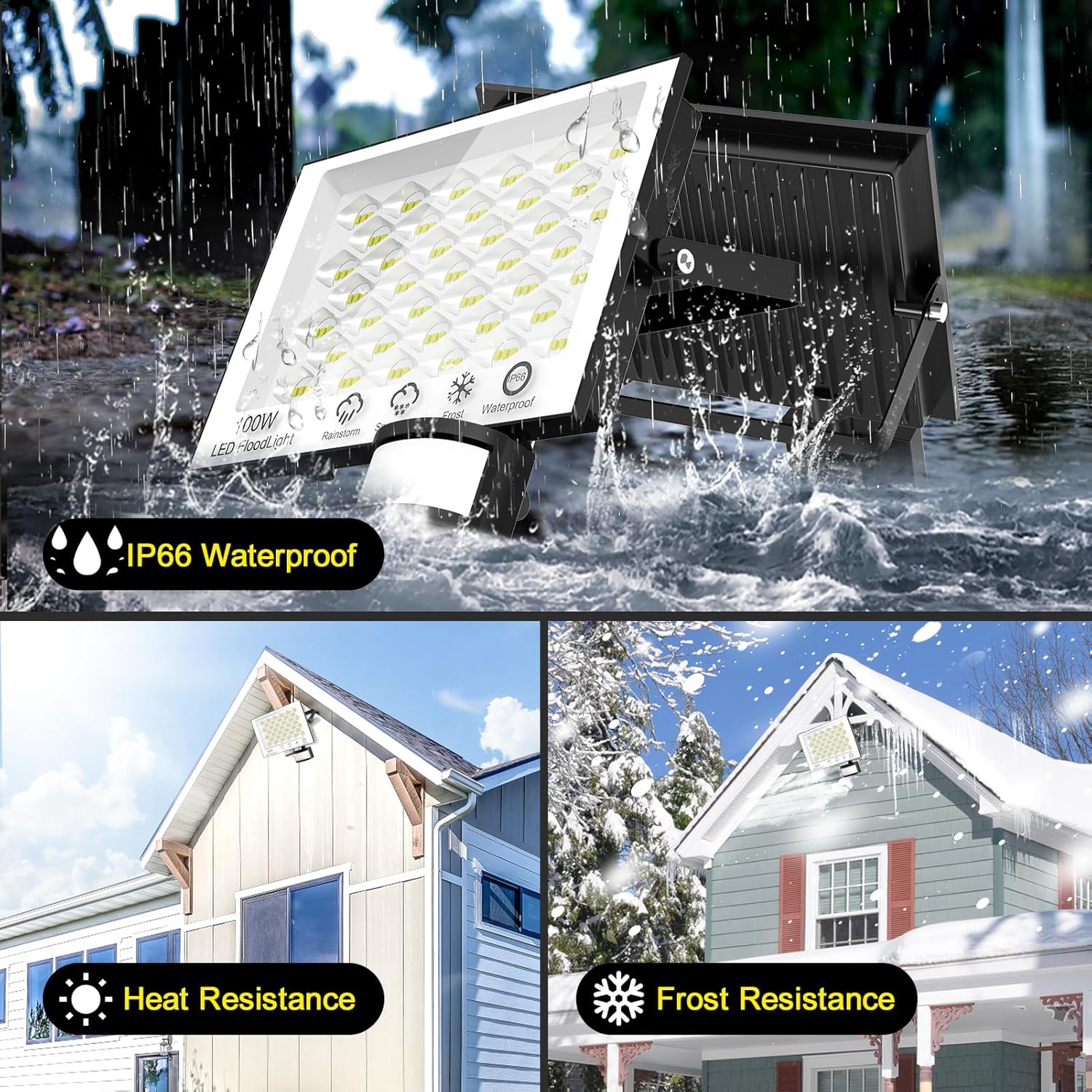 Solar flood light with waterproof and resistance features, shown in various settings.