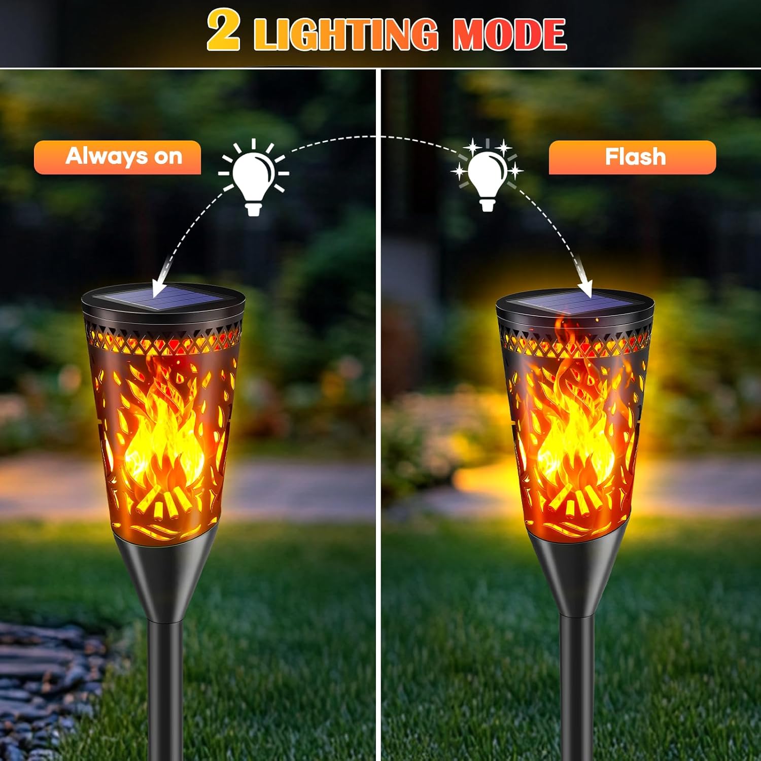 Solar garden light with 'Always on' and 'Flash' lighting modes on a grassy background.