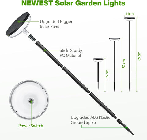 Solar garden light with labeled parts and dimensions on a white background