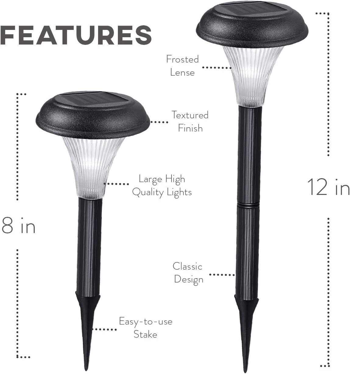 Solar garden lights with features highlighted on a white background