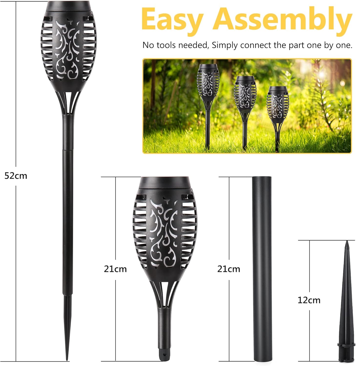 Solar garden lights with assembly instructions and dimensions on a white background