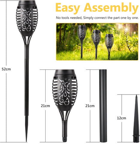 Solar garden lights with assembly instructions and dimensions on a white background
