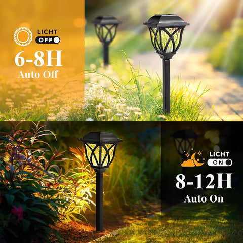 Solar garden lights with auto-on/auto-off feature in a garden setting