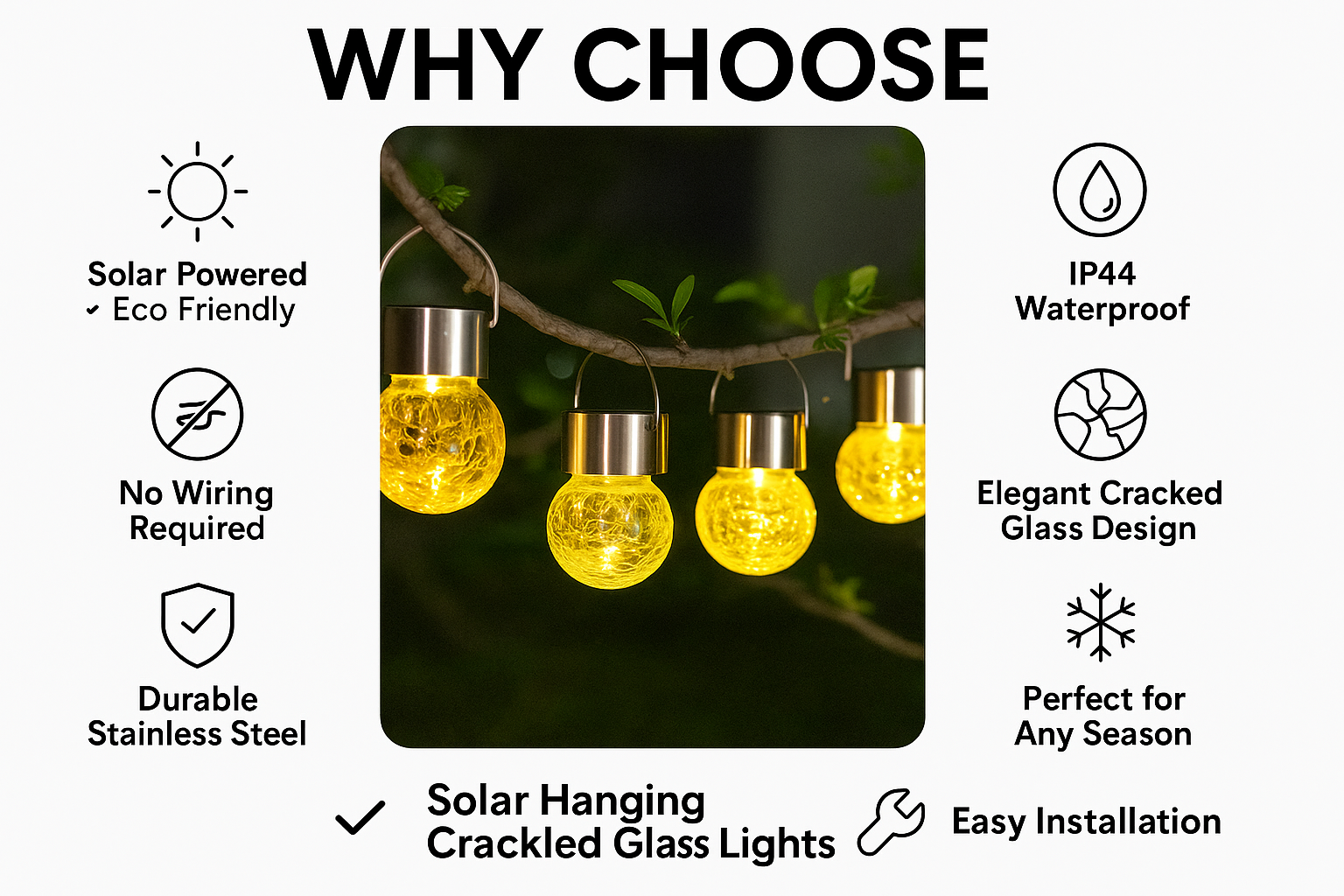 Solar hanging crackled glass lights with features listed on a white background
