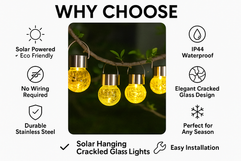 Solar hanging crackled glass lights with features listed on a white background