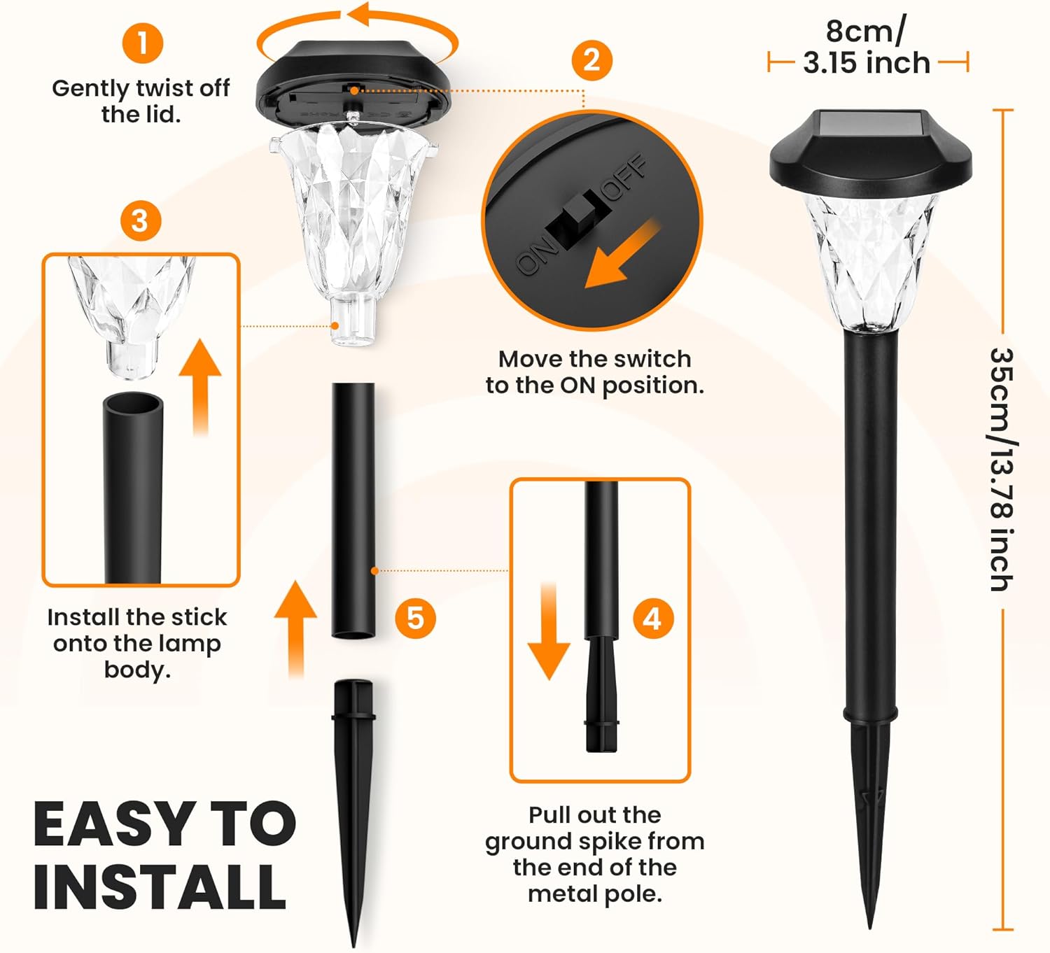 Solar lamp installation guide with step-by-step instructions and dimensions.