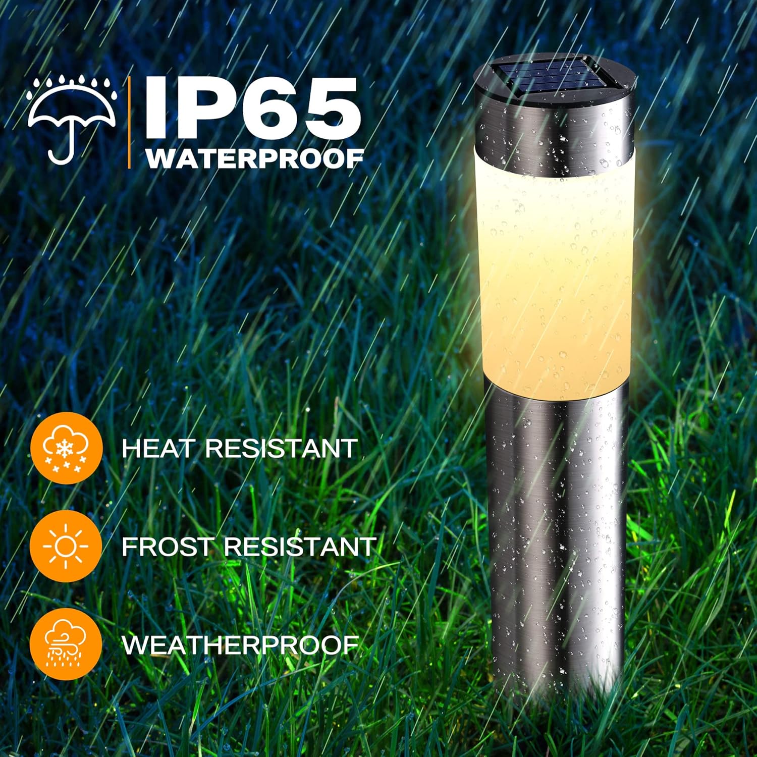 Solar lamp on grass with IP65 waterproof rating and weather-resistant features.