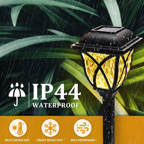 Solar lamp post with IP44 waterproof rating in a rain scene