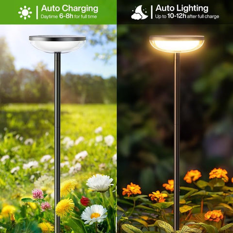 Solar lamp post with auto charging and lighting features in a garden setting