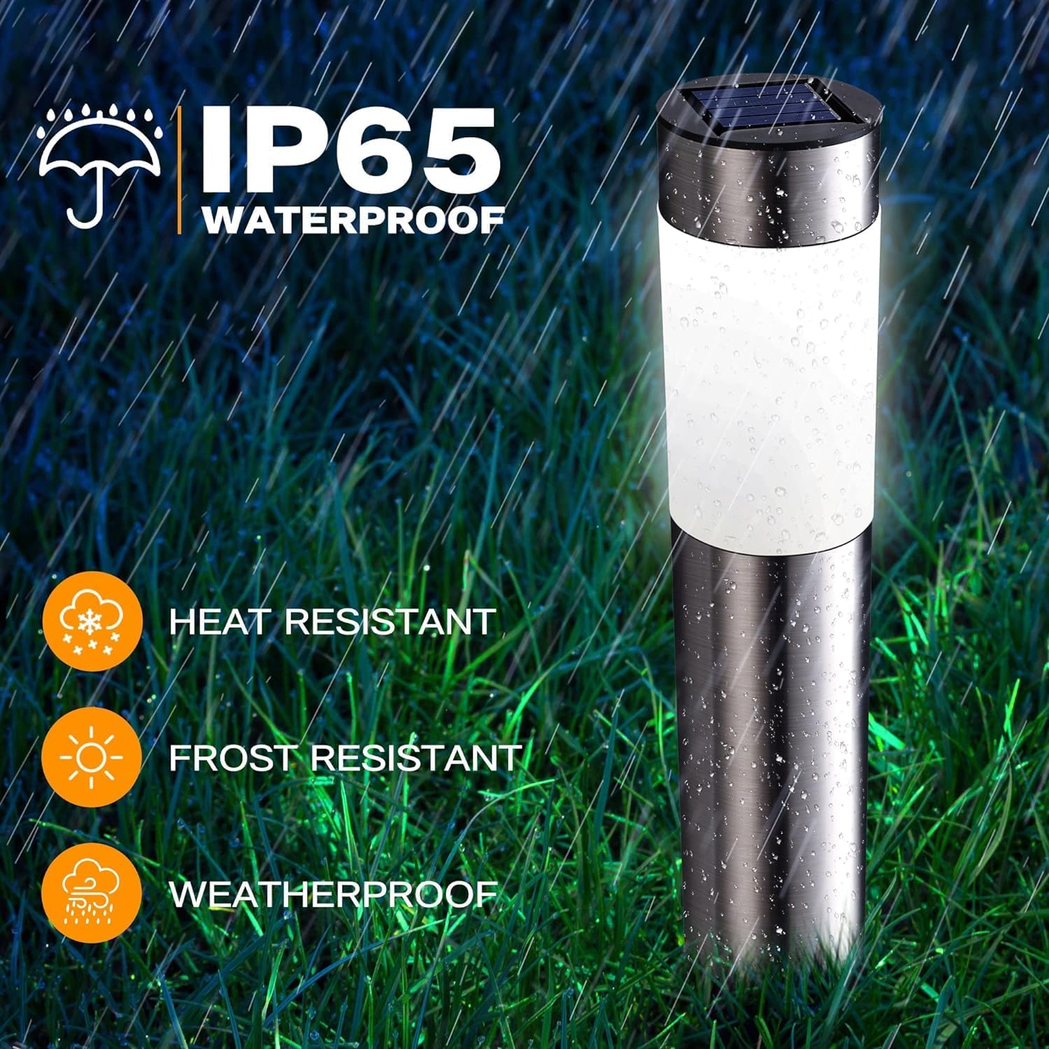 Solar lamp with IP65 waterproof rating on grass with rain effects