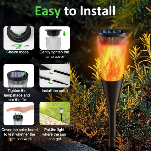 Solar lamp with installation instructions on a garden background