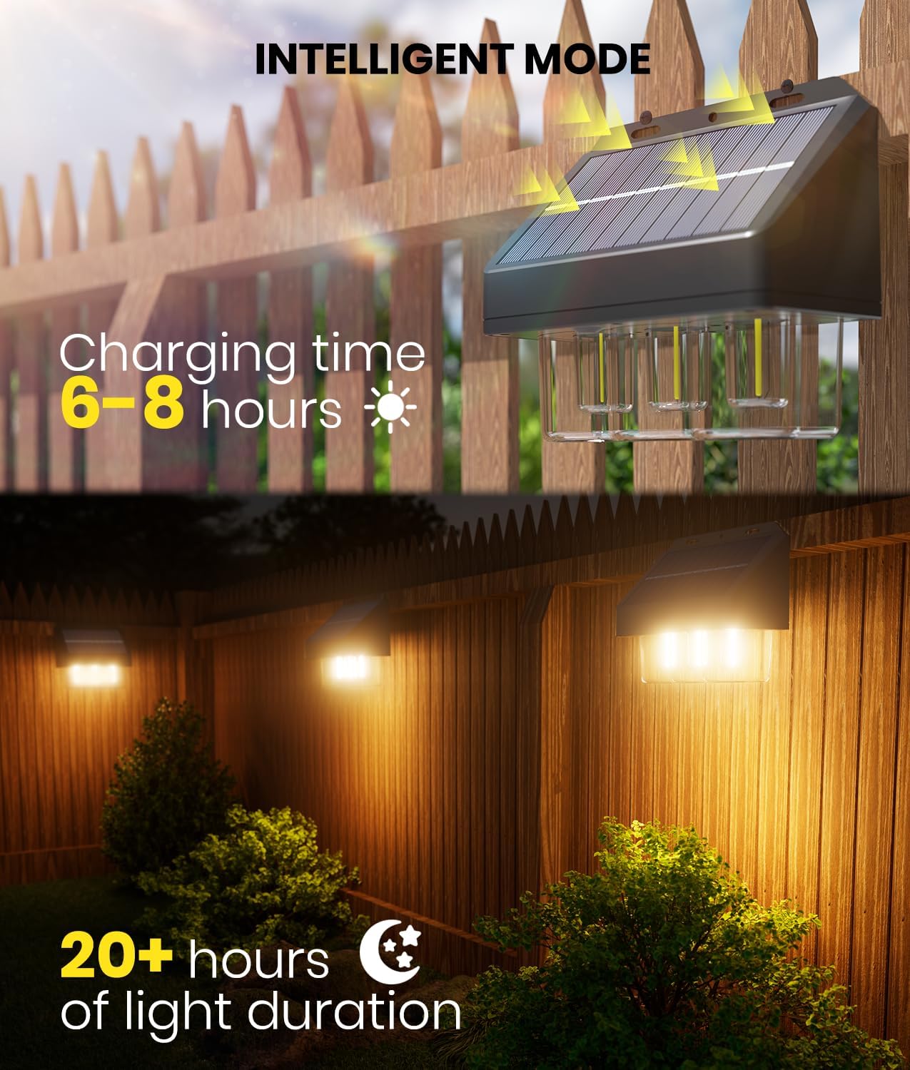 Solar light fixture on a wooden fence with text indicating charging time and light duration.