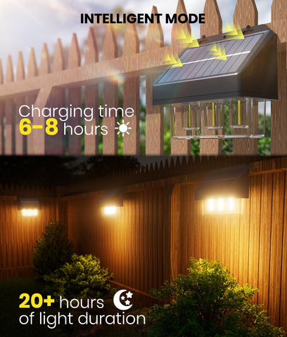Solar light fixture on a wooden fence with text indicating charging time and light duration.