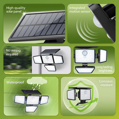 Solar light fixture with features highlighted on a green background