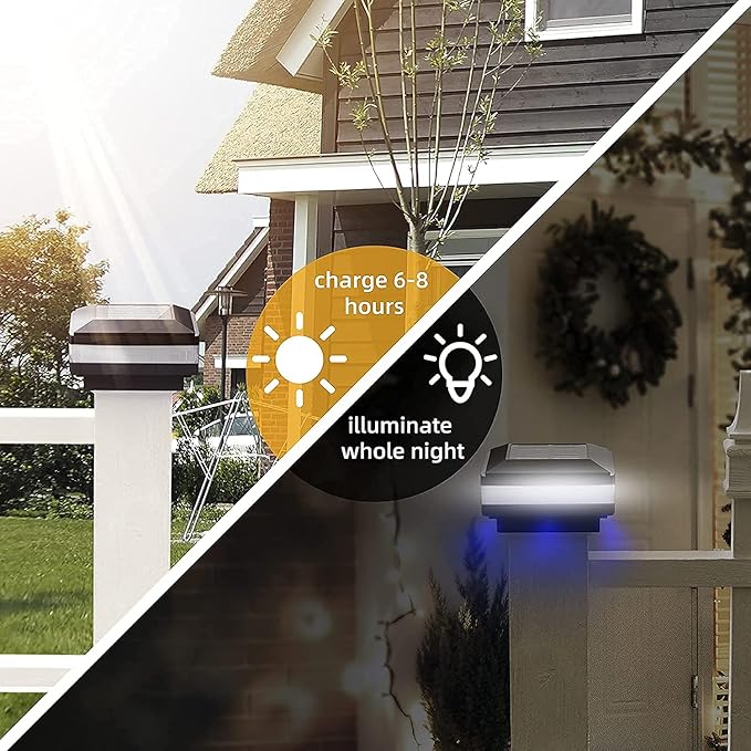 Solar light on a house exterior with text indicating charging time and illumination duration.