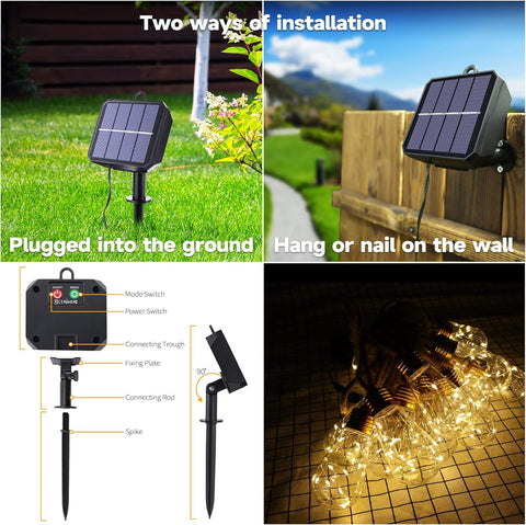 Solar light system with installation methods and product details.