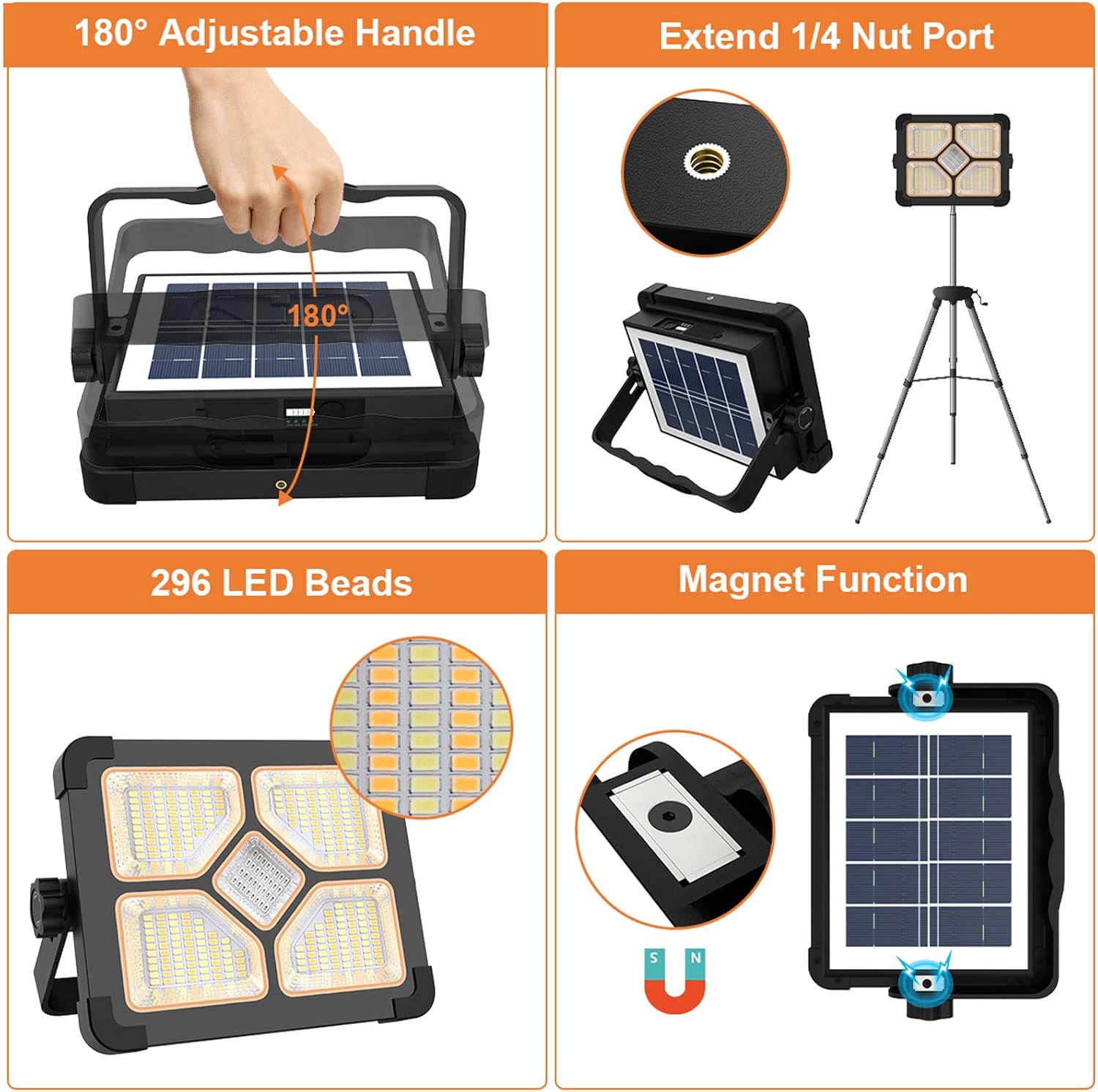 Solar light with adjustable handle, extendable nut port, 296 LED beads, and magnet function on a white background.