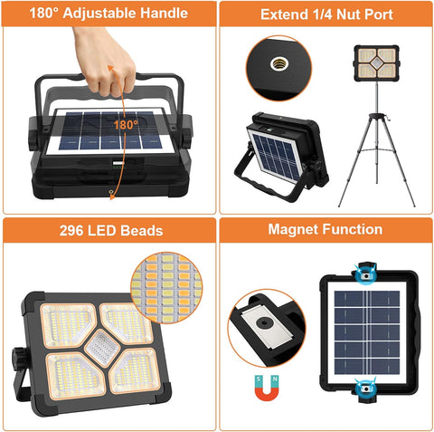 Solar light with adjustable handle, extendable nut port, 296 LED beads, and magnet function on a white background.