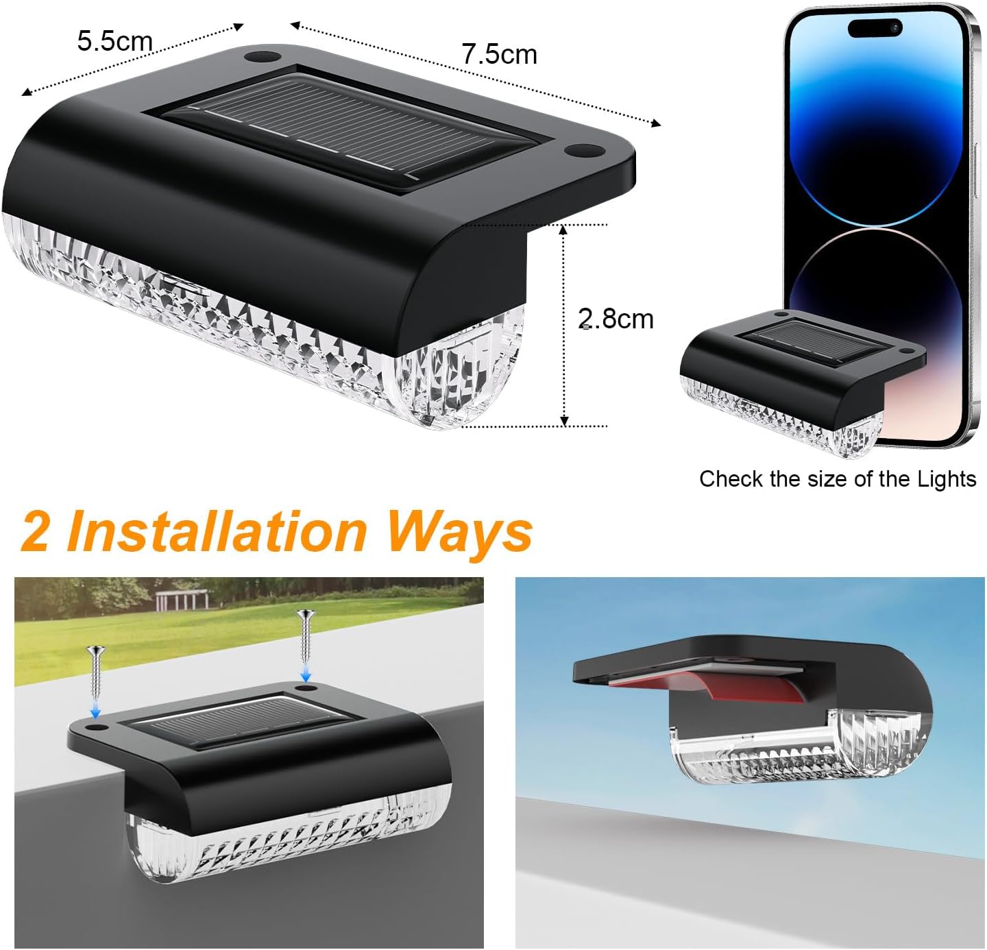 Solar light with dimensions and installation methods shown, alongside a smartphone for scale.