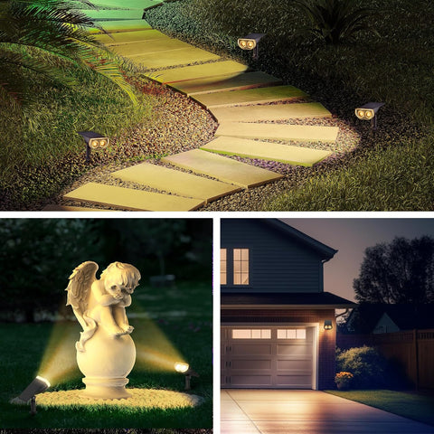 Solar lights illuminating a garden pathway, statue, and house exterior.