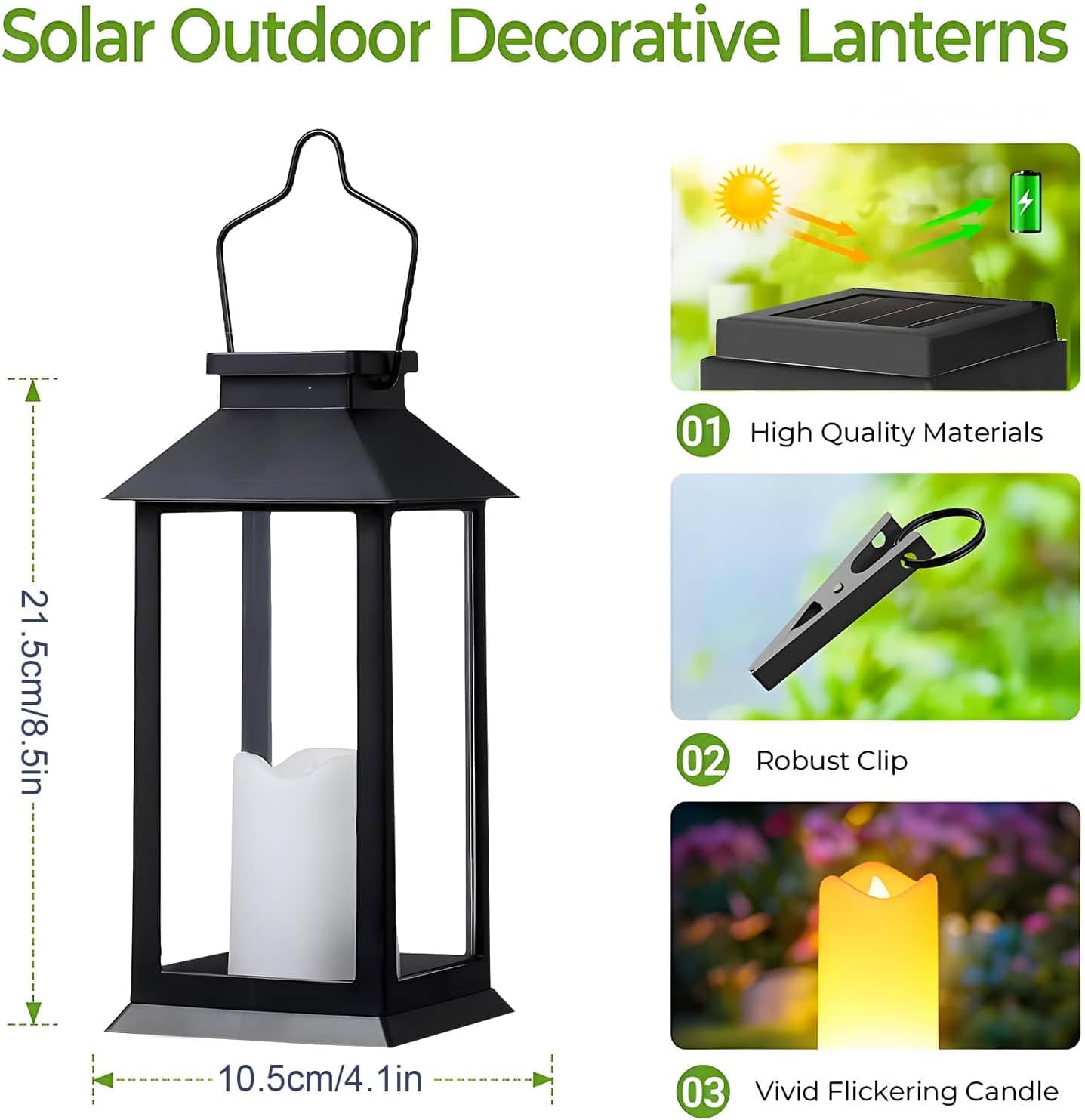 Solar outdoor decorative lantern with features highlighted on a white background