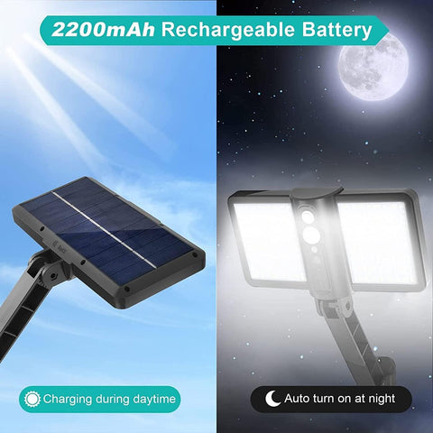 Solar panel and light fixture with 2200mAh rechargeable battery features, charging during daytime and auto-turning on at night.