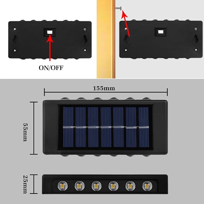 Solar panel light fixture with on/off switch, dimensions, and LED lights shown.